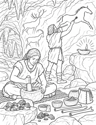 Detailed coloring page of Paleolithic Artists Painting Cave Wall