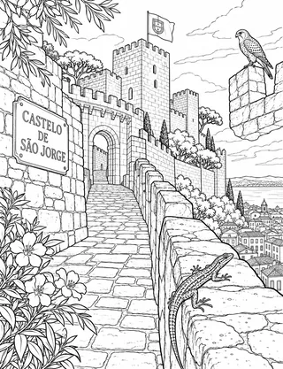 Detailed coloring page of Castelo de São Jorge Ramparts