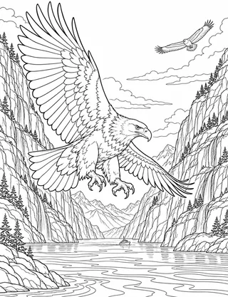 Detailed coloring page of White-tailed sea eagle soaring over Trollfjord