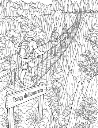 Detailed coloring page of Tsingy de Bemaraha limestone pinnacles and rope bridge featuring Tsingy de Bemaraha sign