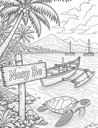Detailed coloring page of Nosy Be tropical beach and outrigger canoe featuring Nosy Be sign