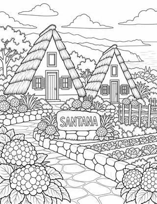 Detailed coloring page of Santana traditional houses and garden featuring Santana sign