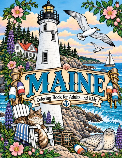 Maine Coloring Book for Adults cover illustration by Louisa May Carson