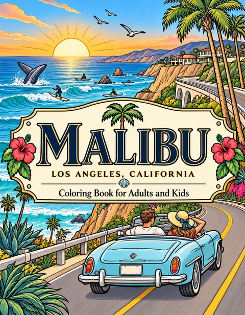 Malibu Coloring Book for Adults cover illustration by Louisa May Carson