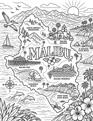 Illustrated travel map of Malibu landmarks and attractions