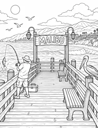 Detailed coloring page of Malibu Pier fishing and pelicans featuring Malibu sign