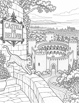 Detailed coloring page of Bellver Castle Circular Fortress