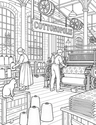 Detailed colouring page of Cotton weaving floor featuring Cottonopolis sign