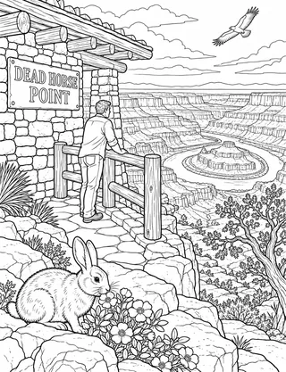 Detailed coloring page of Dead Horse Point State Park Overlook featuring Dead Horse Point sign