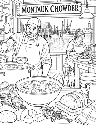 Detailed colouring page of Montauk clam chowder featuring Montauk Chowder sign