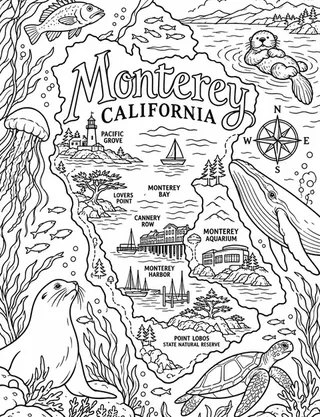Illustrated travel map of Monterey landmarks and attractions