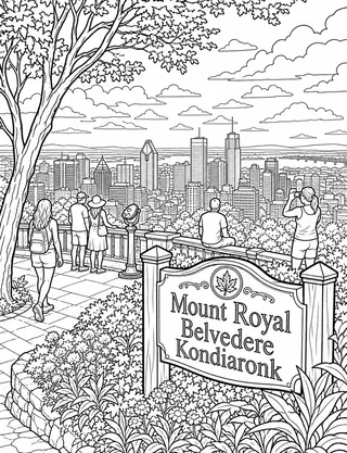 Detailed colouring page of Mount Royal Belvedere Kondiaronk Overlook featuring Mount Royal Belvedere Kondiaronk sign