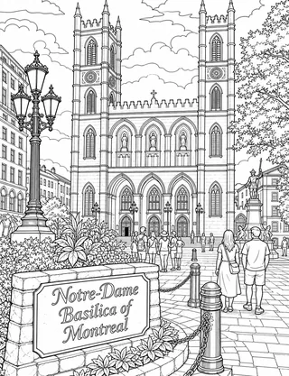 Notre-Dame Basilica of Montreal colouring page with detailed line art