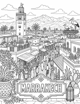 Detailed coloring page of Marrakech Medina Rooftops featuring Marrakech sign