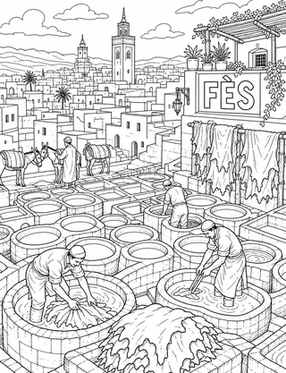 Detailed coloring page of Fez Tanneries Panorama featuring Fès sign