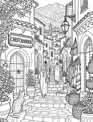 Detailed coloring page of Chefchaouen Blue-Lane Shapes featuring Chefchaouen sign