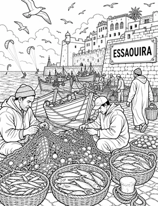 Detailed coloring page of Essaouira Fishing Harbor featuring Essaouira sign