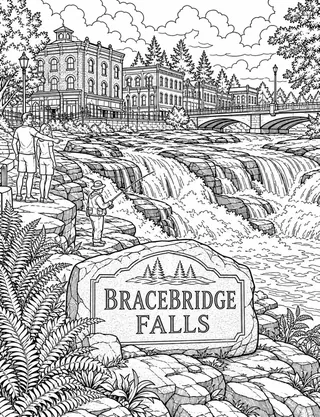 Bracebridge Falls Muskoka colouring page with detailed line art