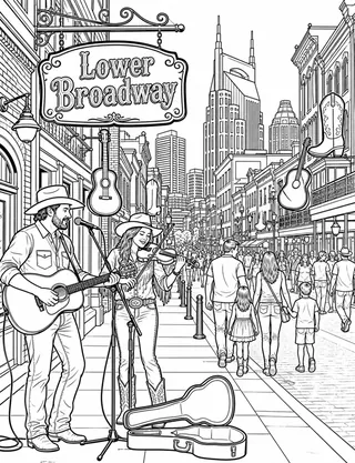 Detailed coloring page of Lower Broadway'S Historic Venues