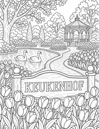 Keukenhof Netherlands coloring page with detailed line art