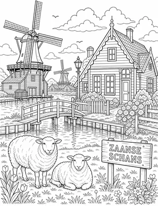 Zaanse Schans Netherlands coloring page with detailed line art
