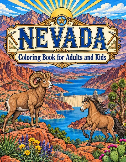 Nevada Coloring Book for Adults cover illustration by Louisa May Carson
