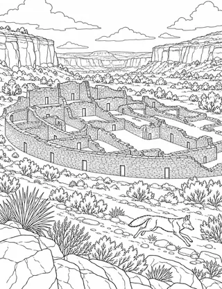 Detailed coloring page of Pueblo Bonito at Chaco Canyon