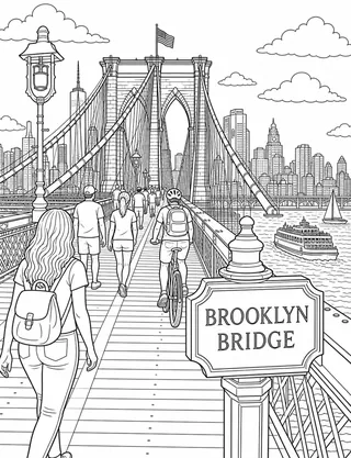 Detailed coloring page of Brooklyn Bridge Walk featuring Brooklyn Bridge sign