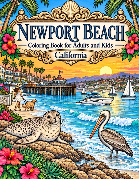 Newport Beach Coloring Book for Adults cover illustration by Louisa May Carson