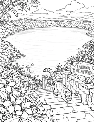 Detailed coloring page of Laguna de Apoyo Crater Lake featuring Laguna De Apoyo sign
