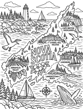 Illustrated travel map of Nova Scotia landmarks and attractions