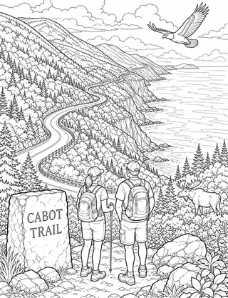 Detailed colouring page of Cabot Trail Highlands Overlook featuring Cabot Trail sign
