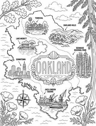 Illustrated travel map of Oakland landmarks and attractions