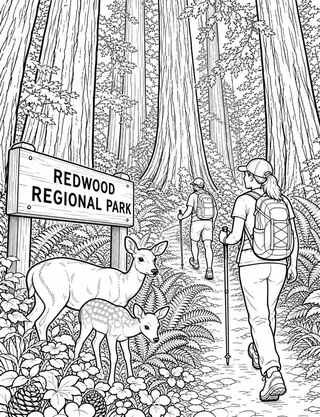 Detailed coloring page of Oakland Hills redwood trail with hikers featuring Redwood Regional Park sign