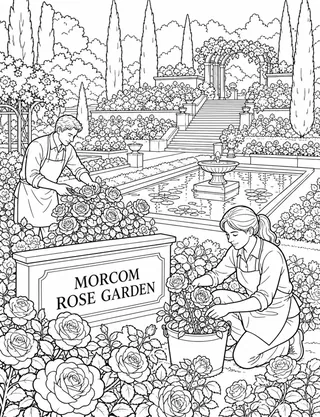 Detailed coloring page of Morcom rose terraces with gardeners featuring Morcom Rose Garden sign