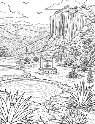 Detailed coloring page of Hierve el Agua mineral pools