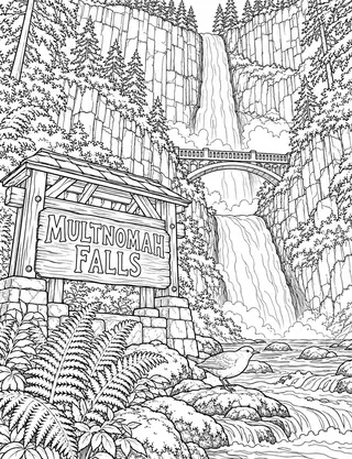 Detailed coloring page of Multnomah Falls and Benson Bridge