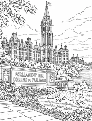 Detailed coloring page of Parliament Hill and Peace Tower