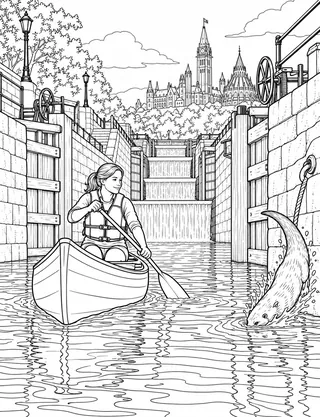 Detailed coloring page of Ottawa Locks canoe passage
