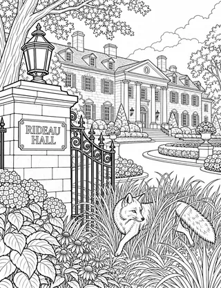 Detailed coloring page of Rideau Hall grounds featuring Rideau Hall sign