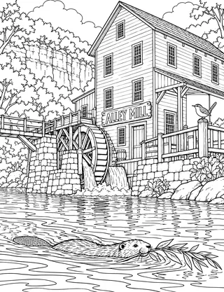 Detailed coloring page of Alley Spring and Historic Mill