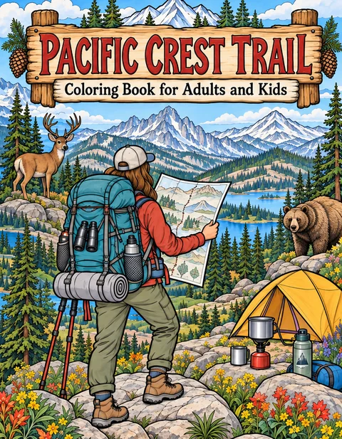 Pacific Crest Trail Coloring Book for Adults cover illustration by Louisa May Carson