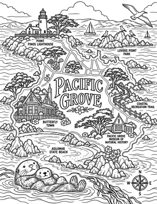 Illustrated travel map of Pacific Grove landmarks and attractions