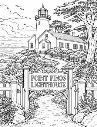 Detailed coloring page of Pacific_Grove_02 featuring Point Pinos Lighthouse sign