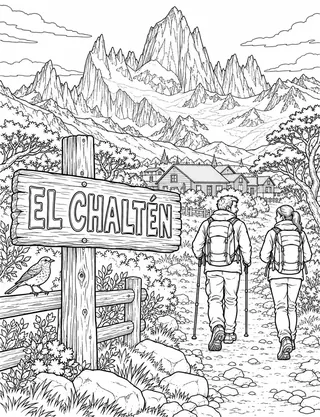 Detailed coloring page of Mount Fitz Roy Trailhead at El Chaltén