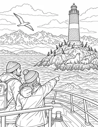 Detailed coloring page of Beagle Channel Catamaran & Les Eclaireurs Lighthouse