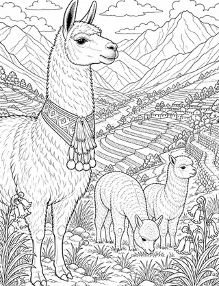 Detailed coloring page of Large llamas and alpacas on a Sacred Valley overlook