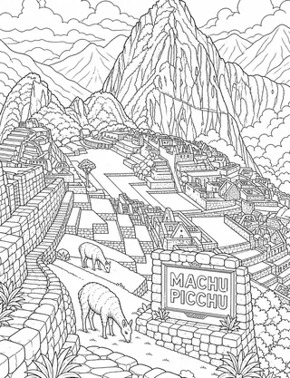 Detailed coloring page of Machu Picchu terraces and citadel featuring Machu Picchu sign