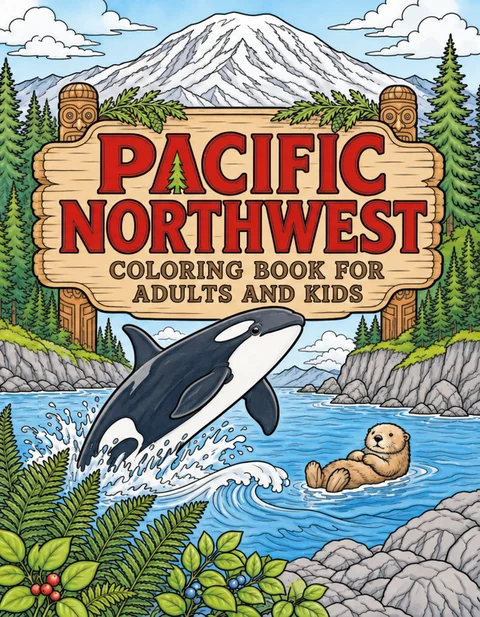 PNW Coloring Book for Adults cover illustration by Louisa May Carson