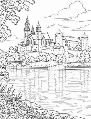 Detailed coloring page of Wawel Castle Vistula panorama